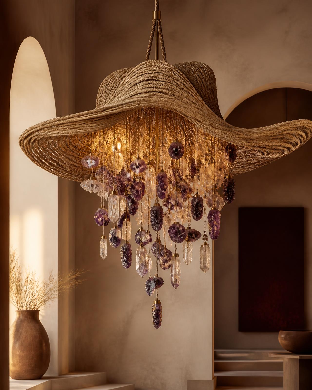 A handwoven raffia chandelier suspended with amethyst and crystal