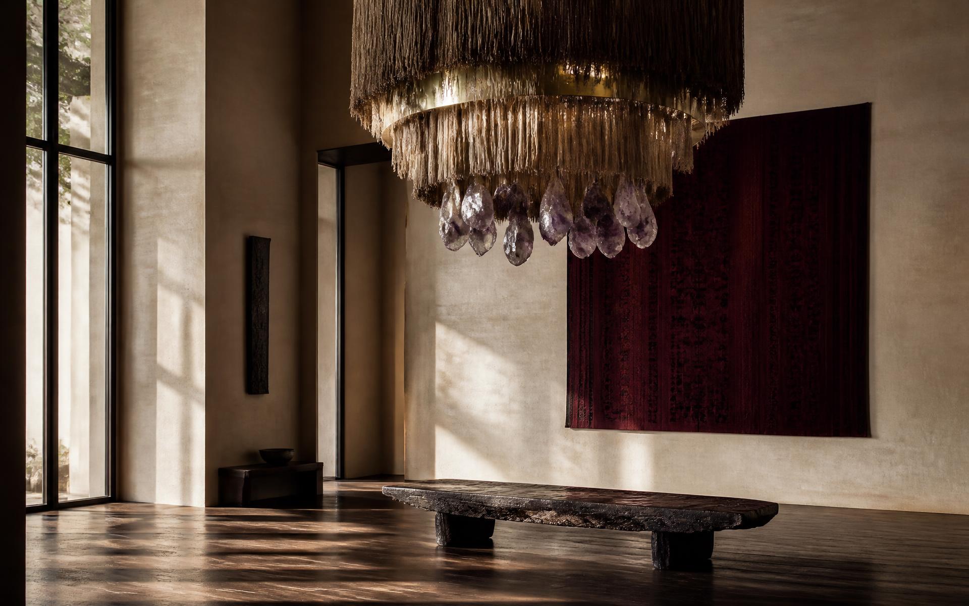 A cream-plaster atrium with a raffia and brass chandelier hung with amethyst